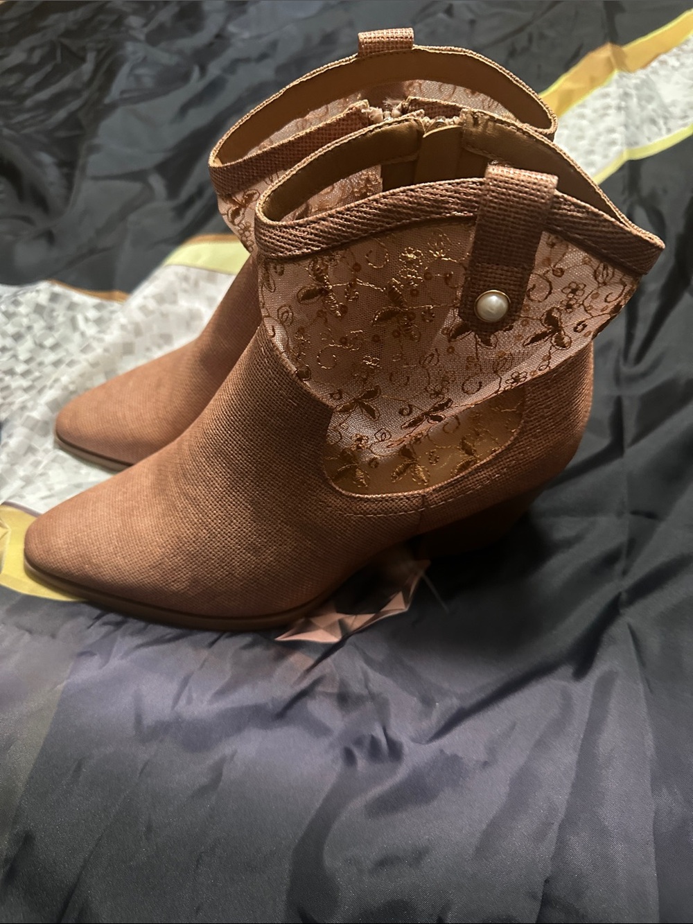 Women's Brown Ankle Boots with Embroidered Mesh Panel